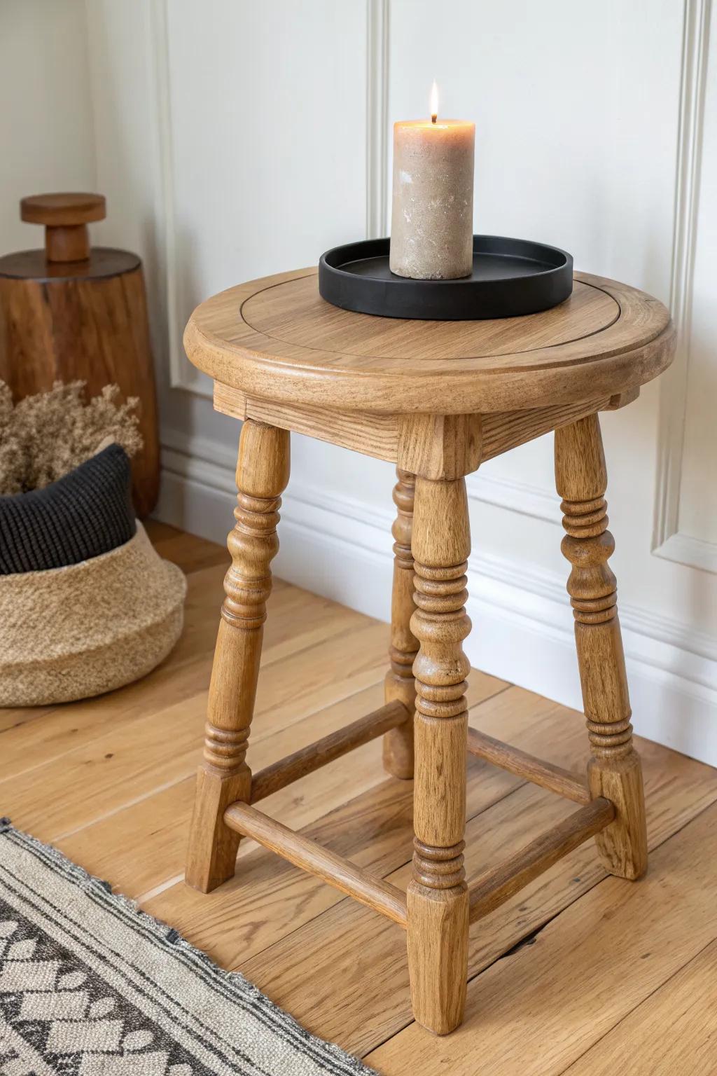 Old stool, new purpose: a waxed wood accent table with tray + candle for effortless charm.