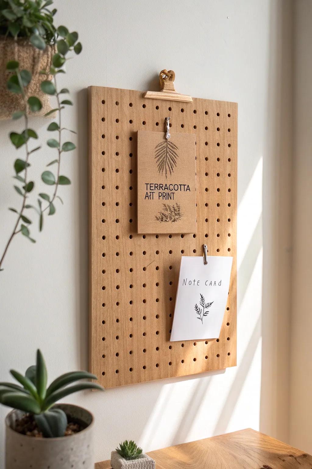Turn a wooden pegboard into swap-anytime wall art with chic brass clips for notes + prints.