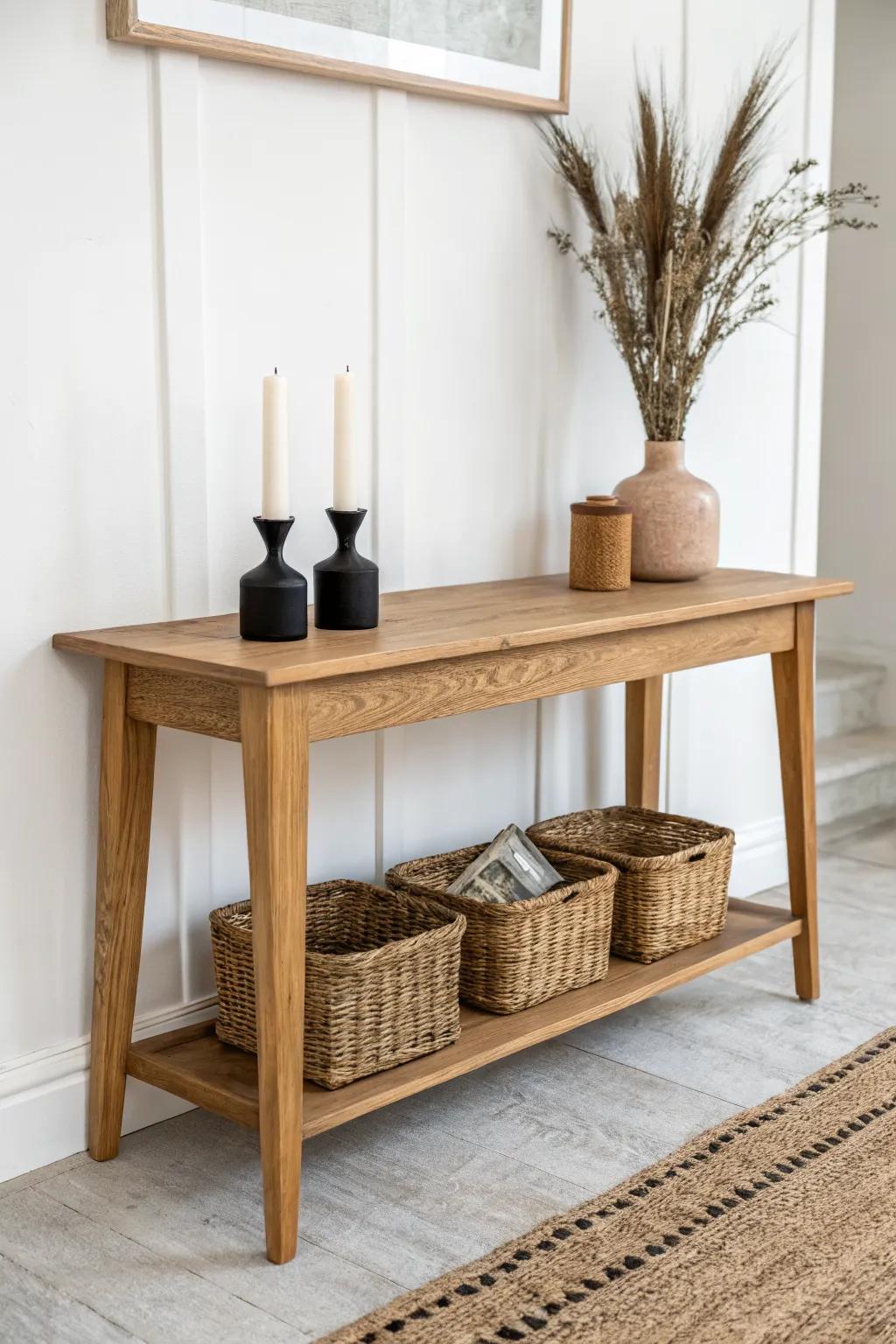 Turn a slim entry bench into a serene altar table with symmetry, candles, and hidden storage.