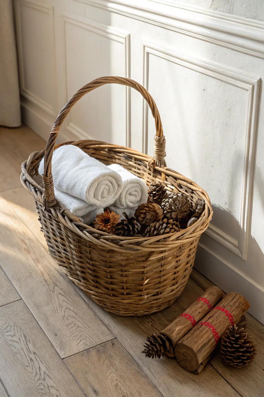 Antique woven basket styled with pinecones + linen—instant rustic texture, zero clutter.