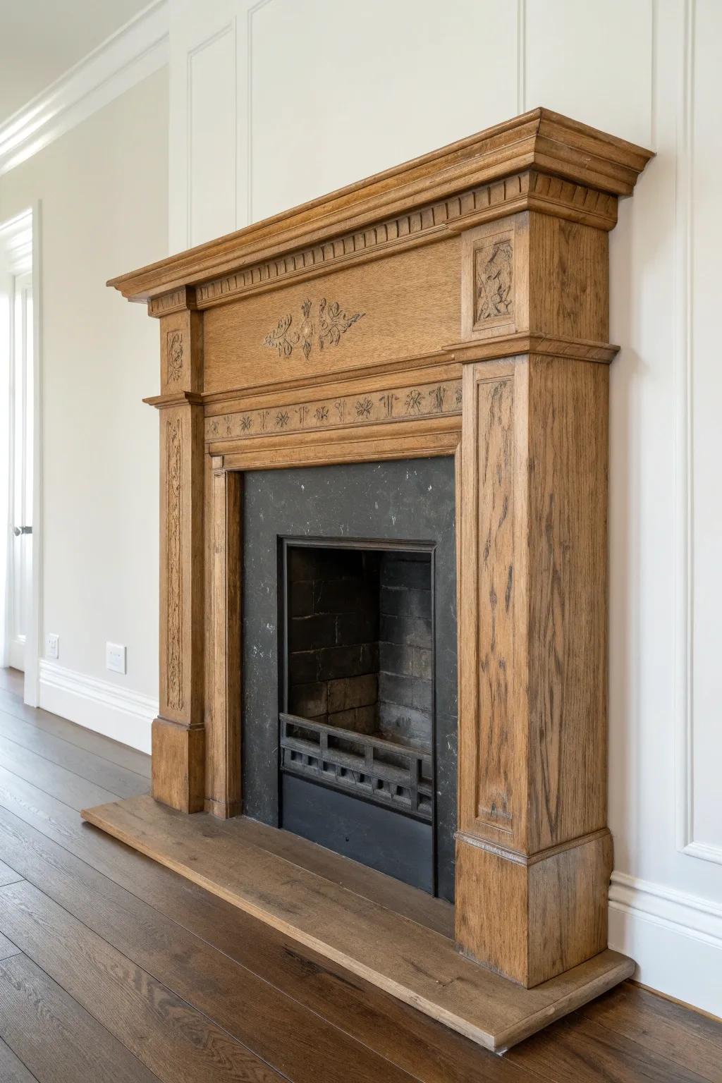 Turn a blank wall into a cozy hearth—antique mantel and a dark inset add instant depth.