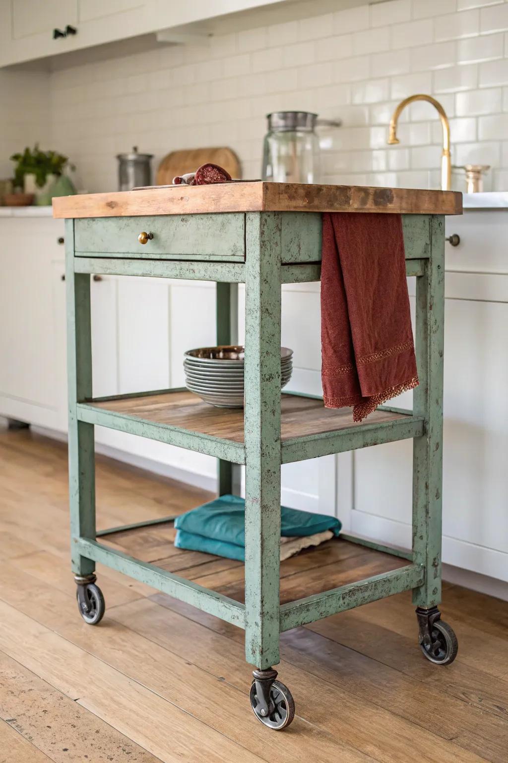 Vintage rolling cart turned butcher-block island—mobile, charming, and perfectly small-space friendly.