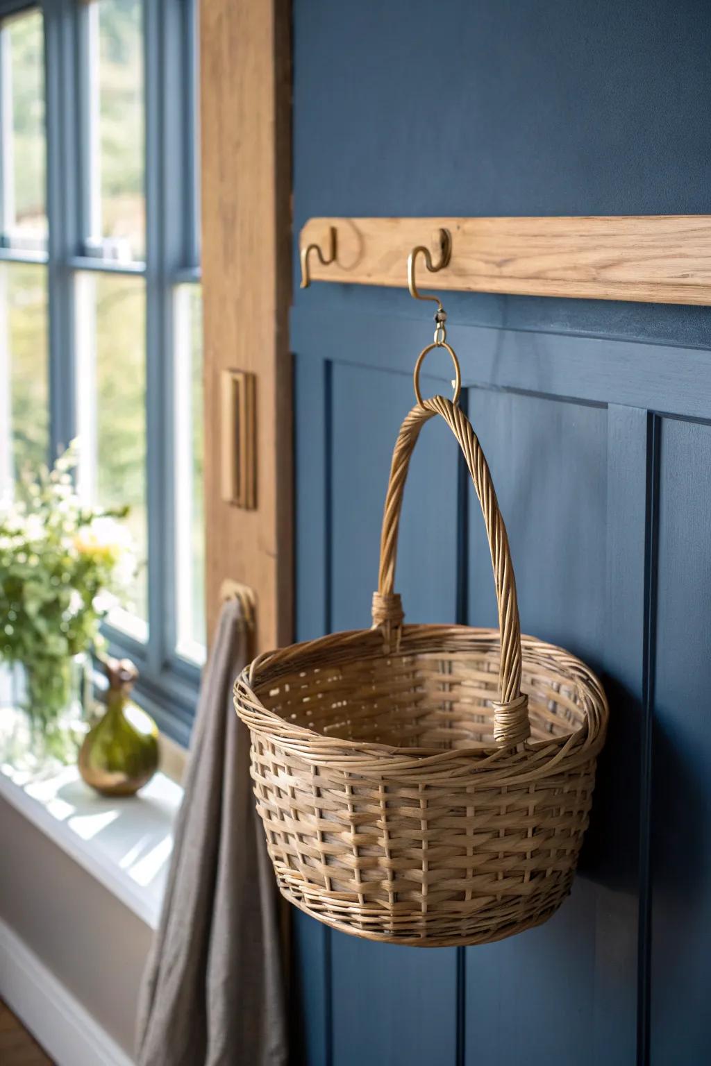 Go vertical: one woven basket on a handmade oak hook rail—instant antique store display drama.