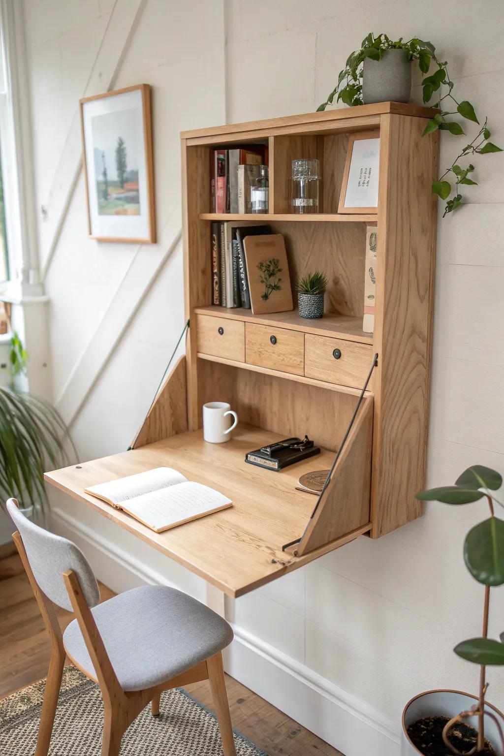 A fold-down drop-leaf desk in birch and oak—workspace by day, clean wall by night.