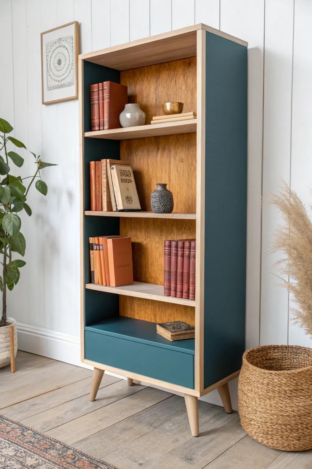 Moody color-blocked back panels make simple plywood shelves feel custom—and books pop.