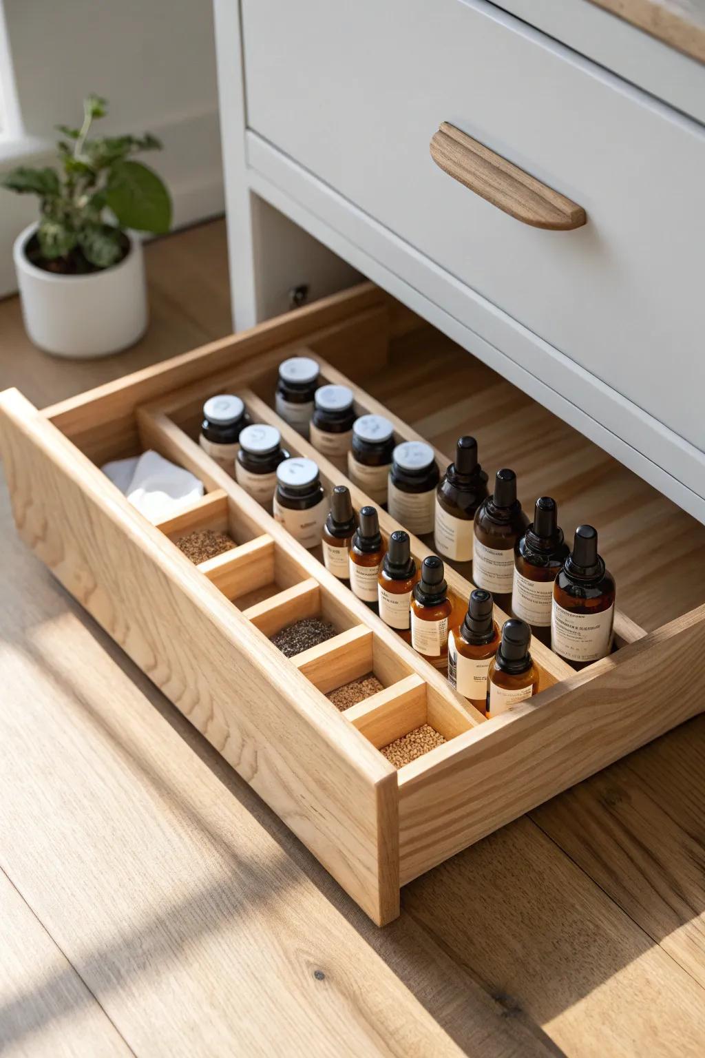 A slim pull-out apothecary tray keeps spices and tinctures in neat, beautiful rows.