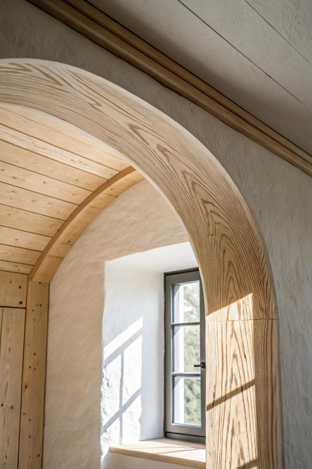 Soft cove arch ceiling in pale wood—smooth curves that make low rooms feel finished.
