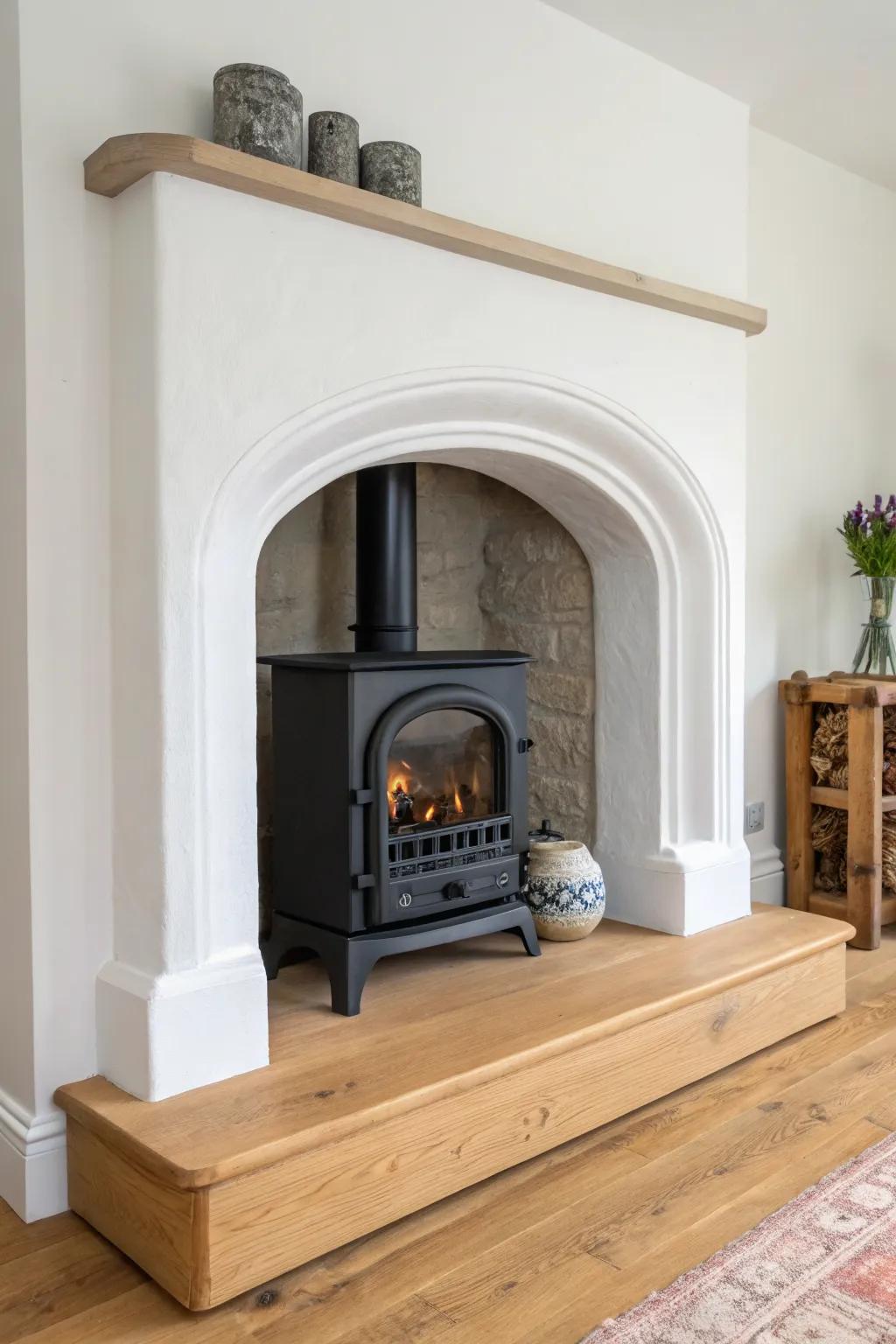 Cozy arched firebox with a raised, wood-look hearth cap—minimal, warm, and inviting.