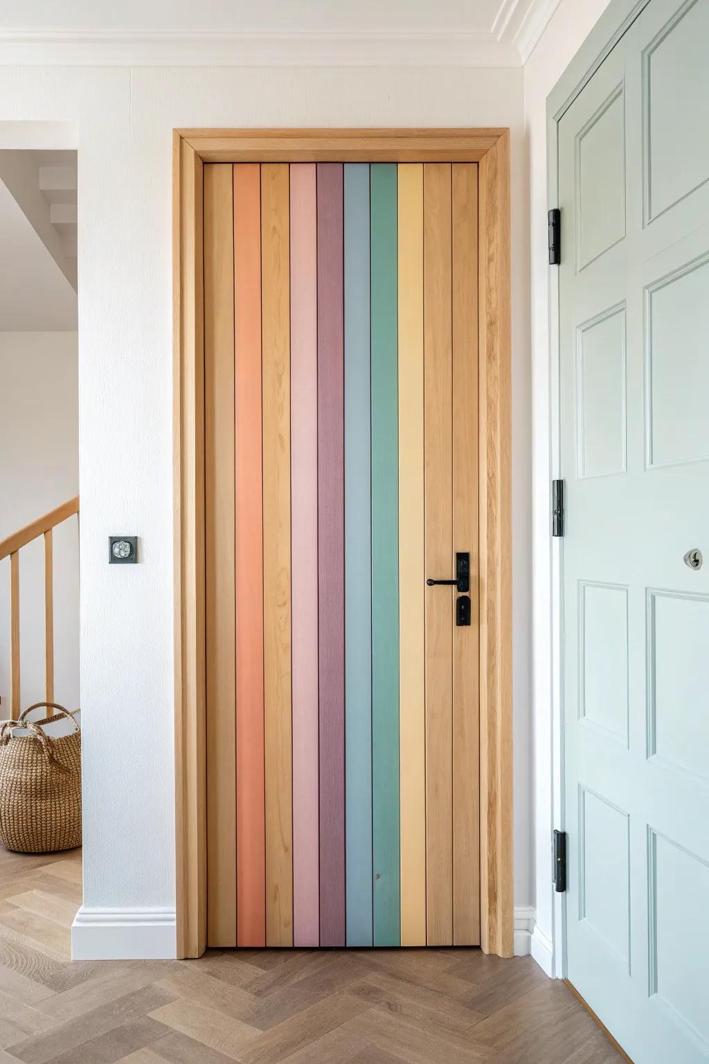Rainbow-painted wood slats turn a plain art room door into a textured, modern statement piece.