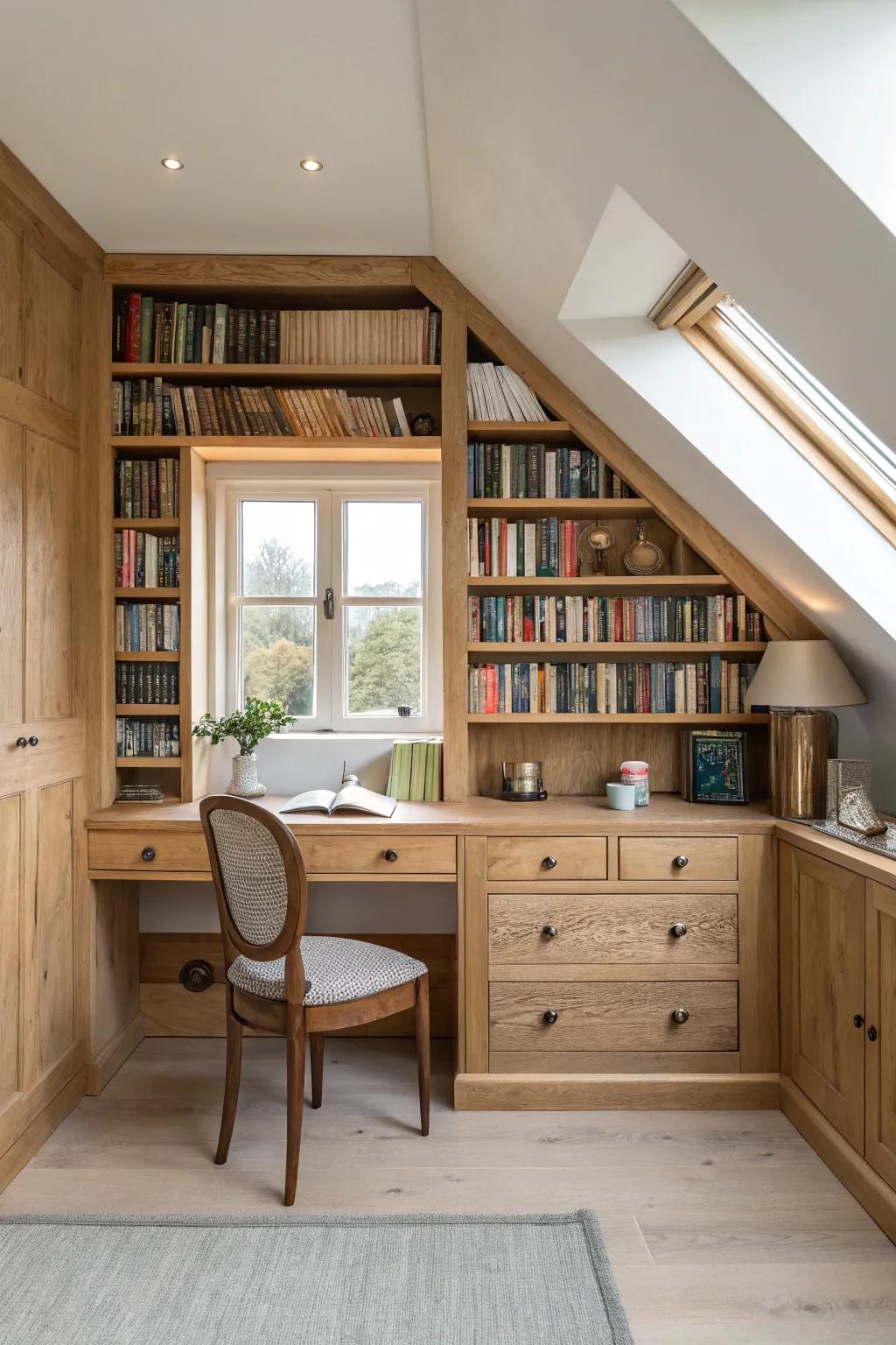 A serene attic work nook: built-in oak desk framed by bookcases, made for tea and journaling.