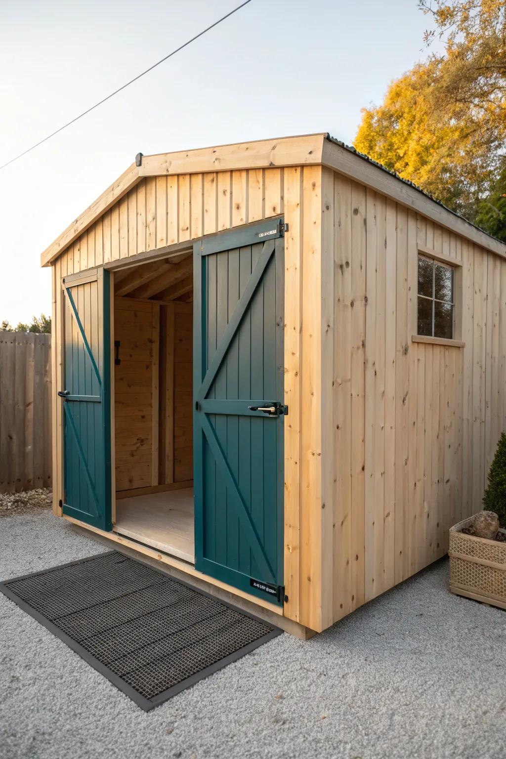Extra-deep cedar ATV shed with room for ramps or a small trailer—no more storage Tetris.