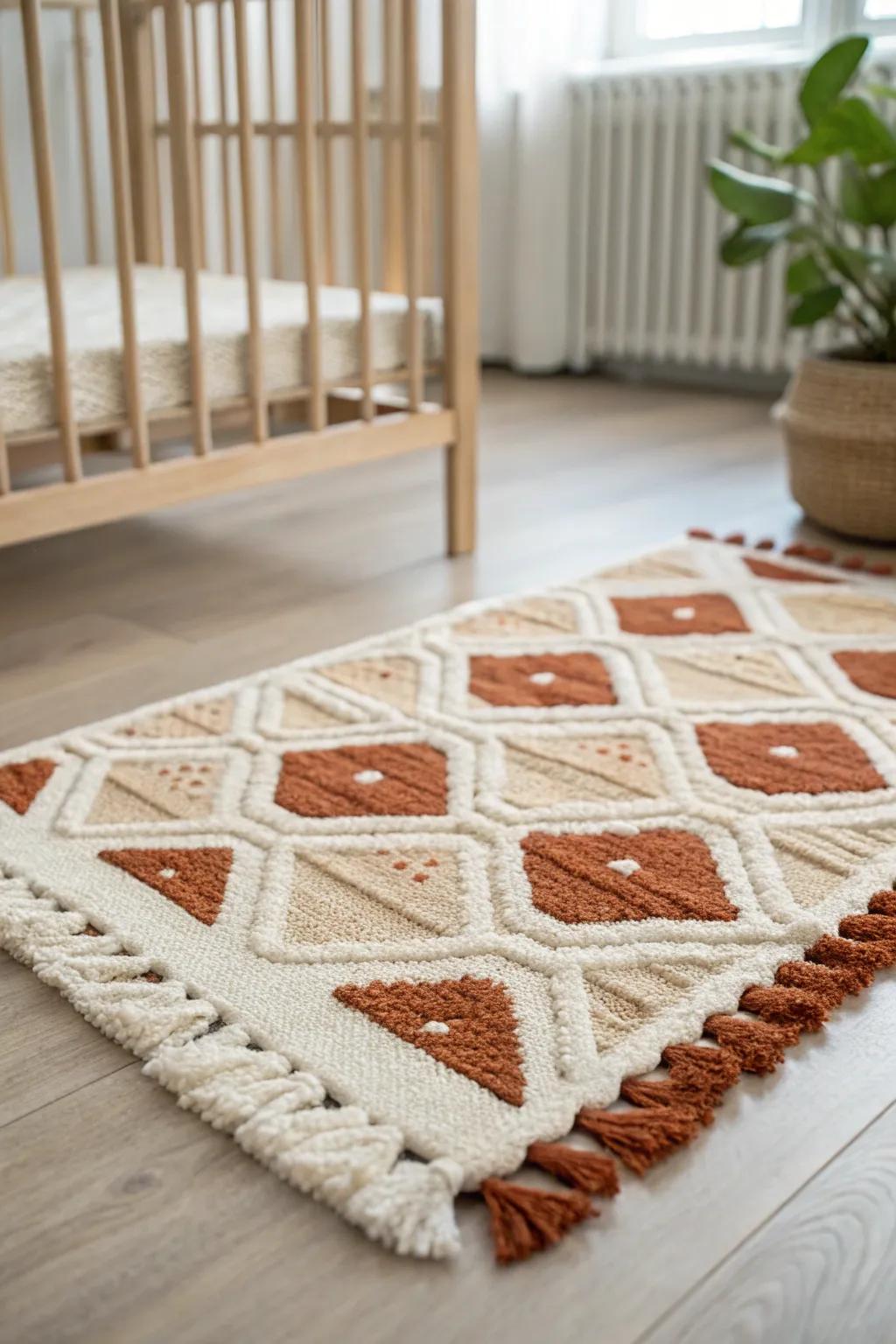 A textured terracotta rug adds warmth and purpose—framing the crib area with cozy contrast.