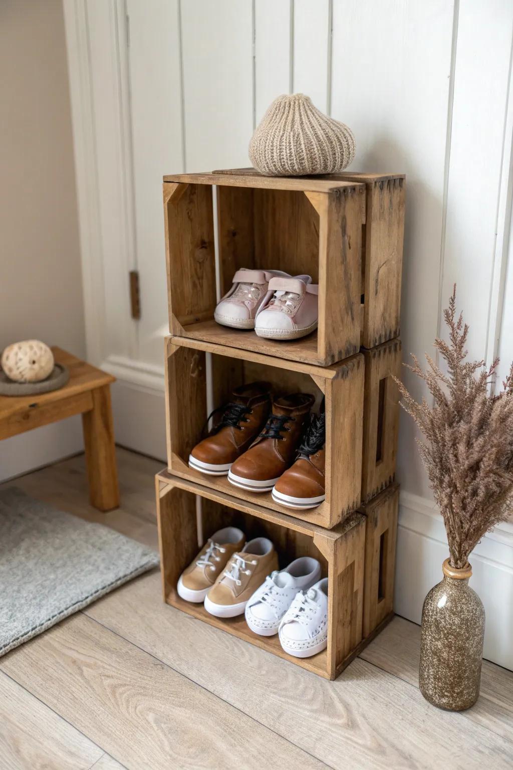 Stackable wooden crate cubes make a flexible, nursery-friendly baby shoe rack as they grow.