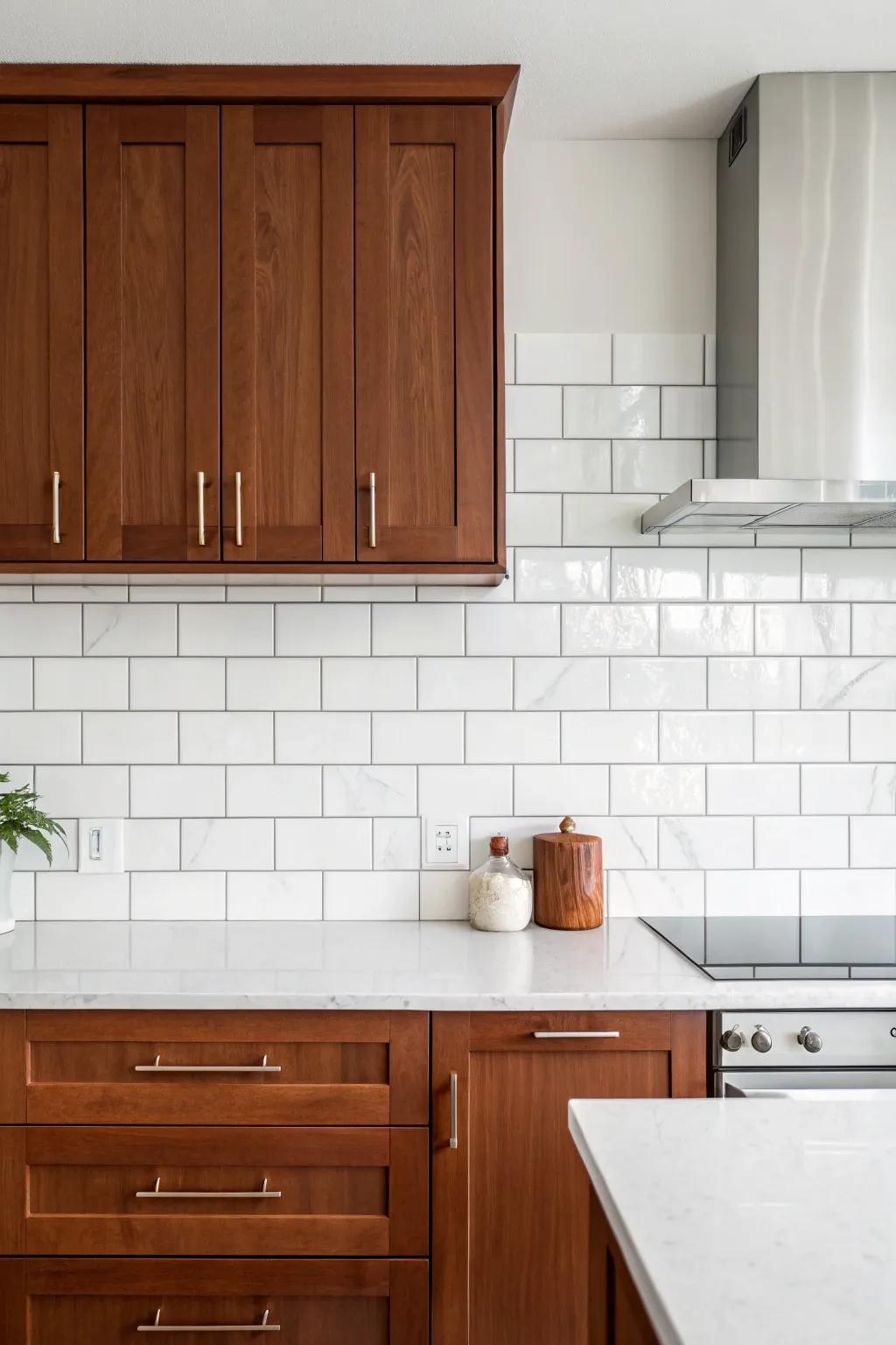 Full-height white backsplash brightens cherry cabinets and makes even small kitchens feel taller.