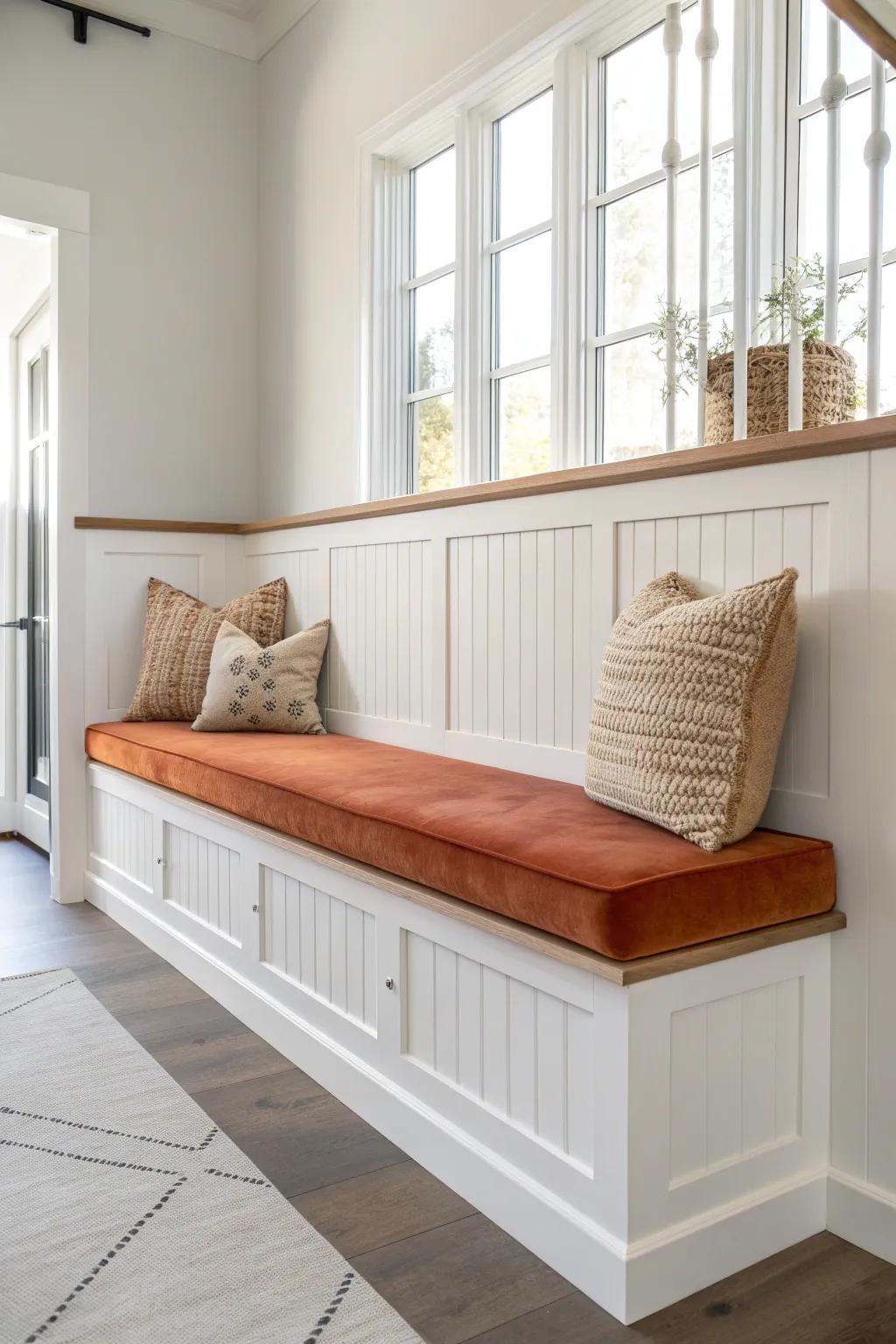 Beadboard-front banquette with crisp trim and a bold terracotta cushion—built-in charm made easy.