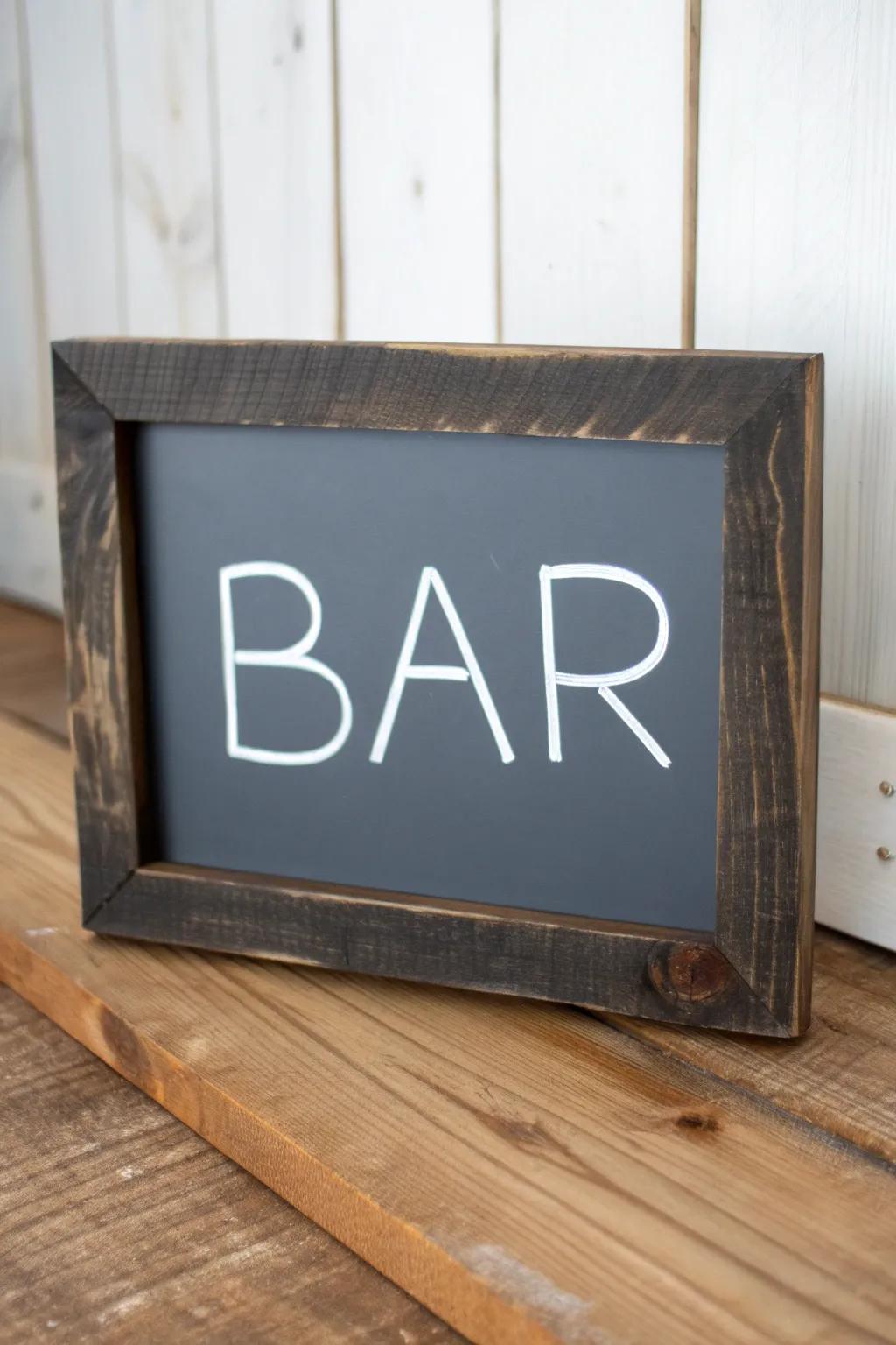Modern farmhouse bar board: matte black frame + crisp white chalk lettering for bold contrast.