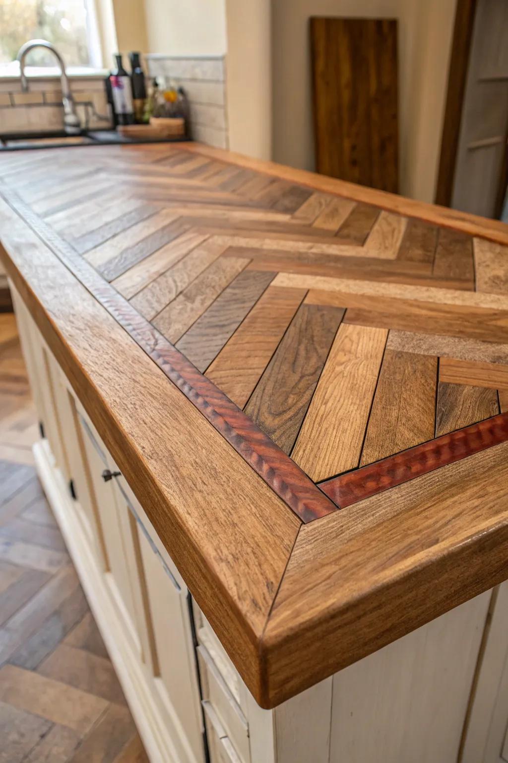Chevron herringbone inlay bar top—scrap strips turned into a bold, designer statement.
