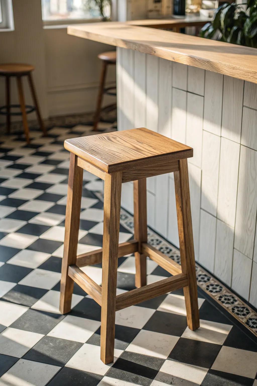 Retro checkerboard tiles + a crafted oak stool for a playful, classic bar-floor statement.