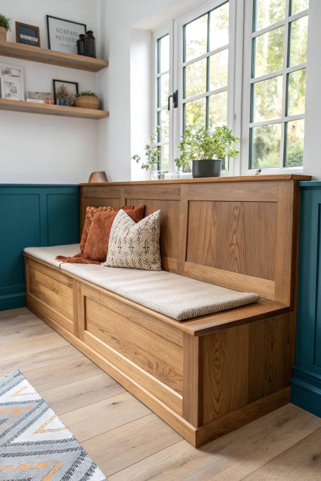 Booth-style banquette with hidden storage—sleek, cozy lounge seating with artisan wood detail.