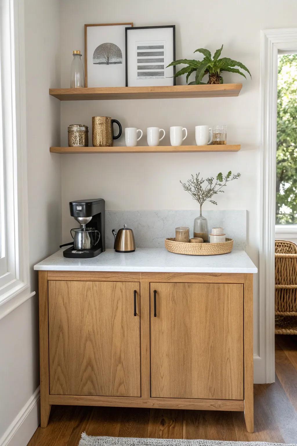 Turn an awkward corner into a calm coffee bar station with warm wood, clean lines, and one shelf.