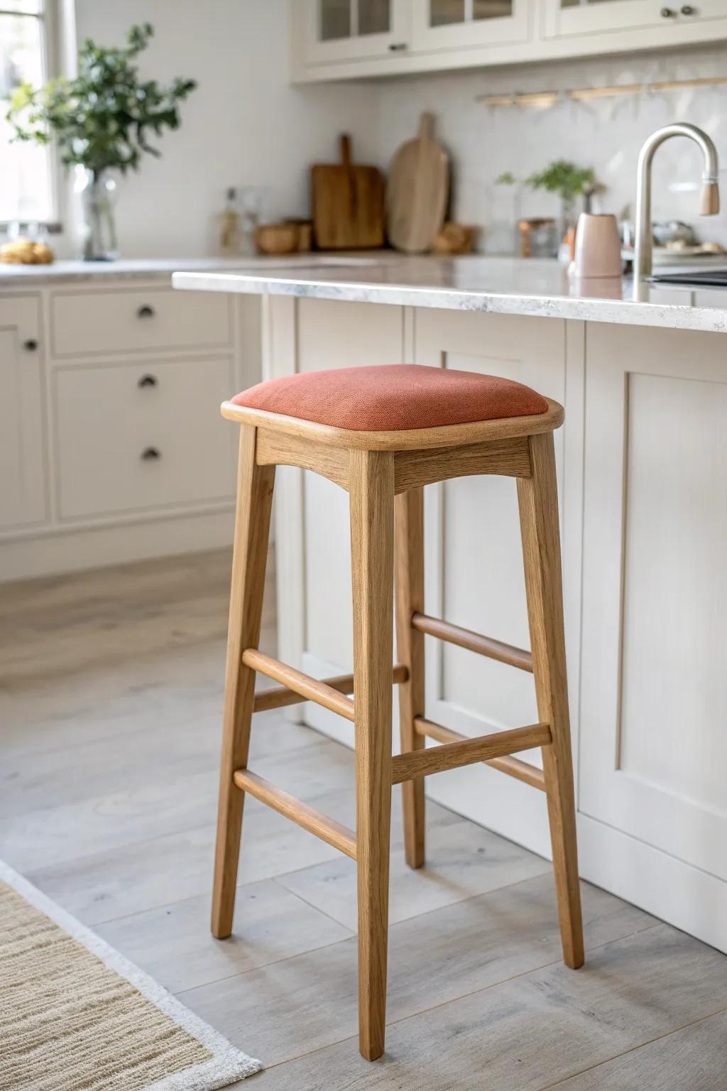 Light oak bar stool softens a white kitchen with airy Scandinavian calm and subtle boho warmth.