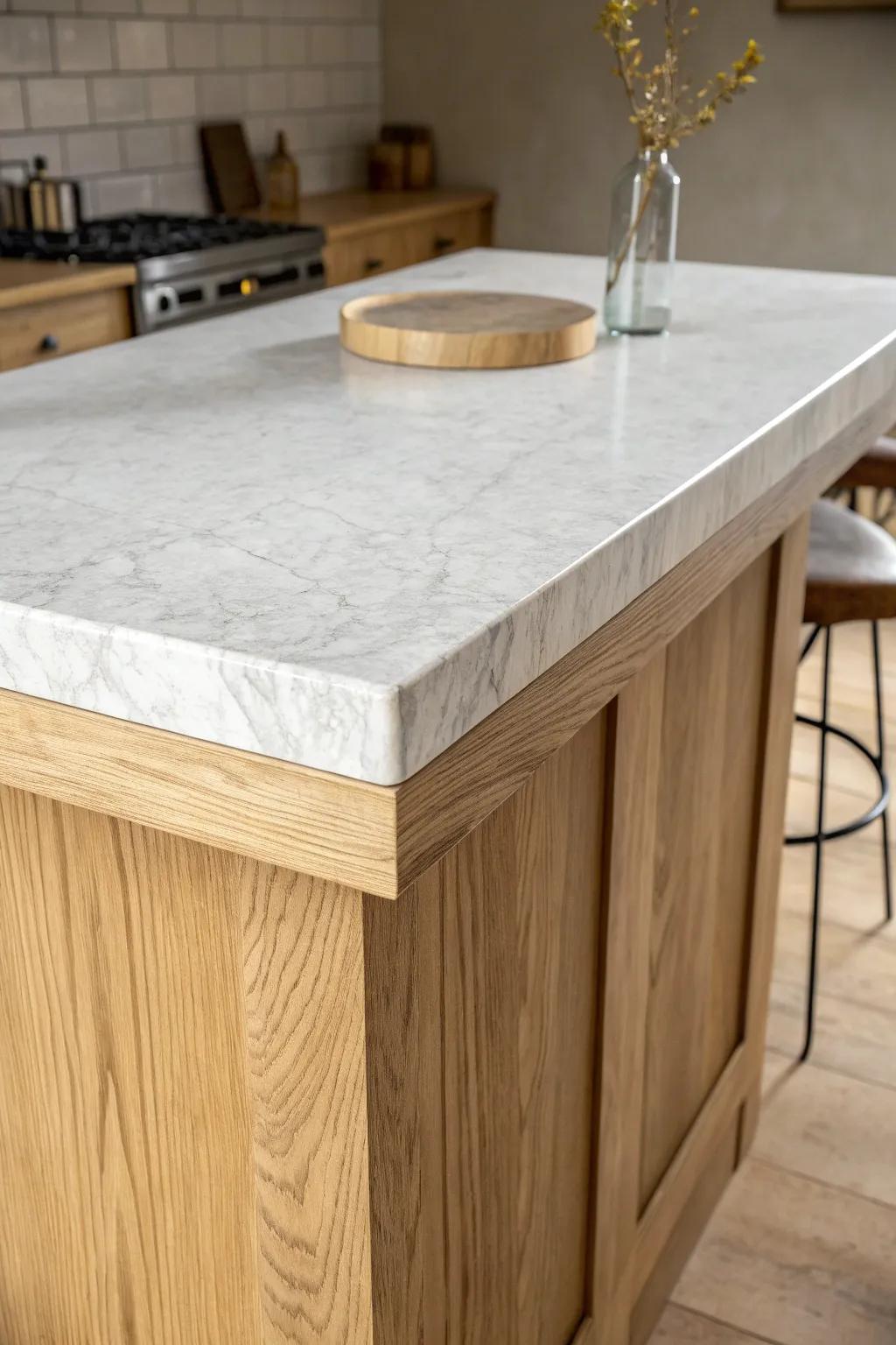 Stone slab bar top: cool marble over warm oak for a sleek cocktail‑lounge upgrade.