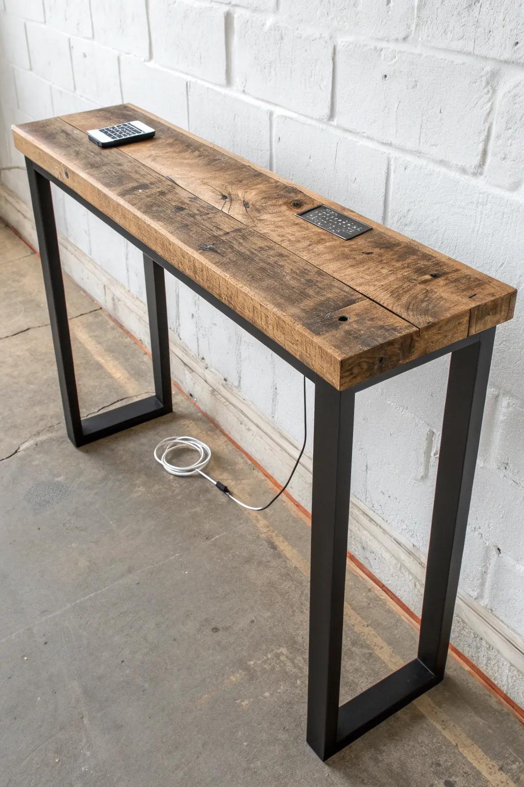 Reclaimed barn beam sofa console—slim, rustic, and perfect for hiding chargers in style.