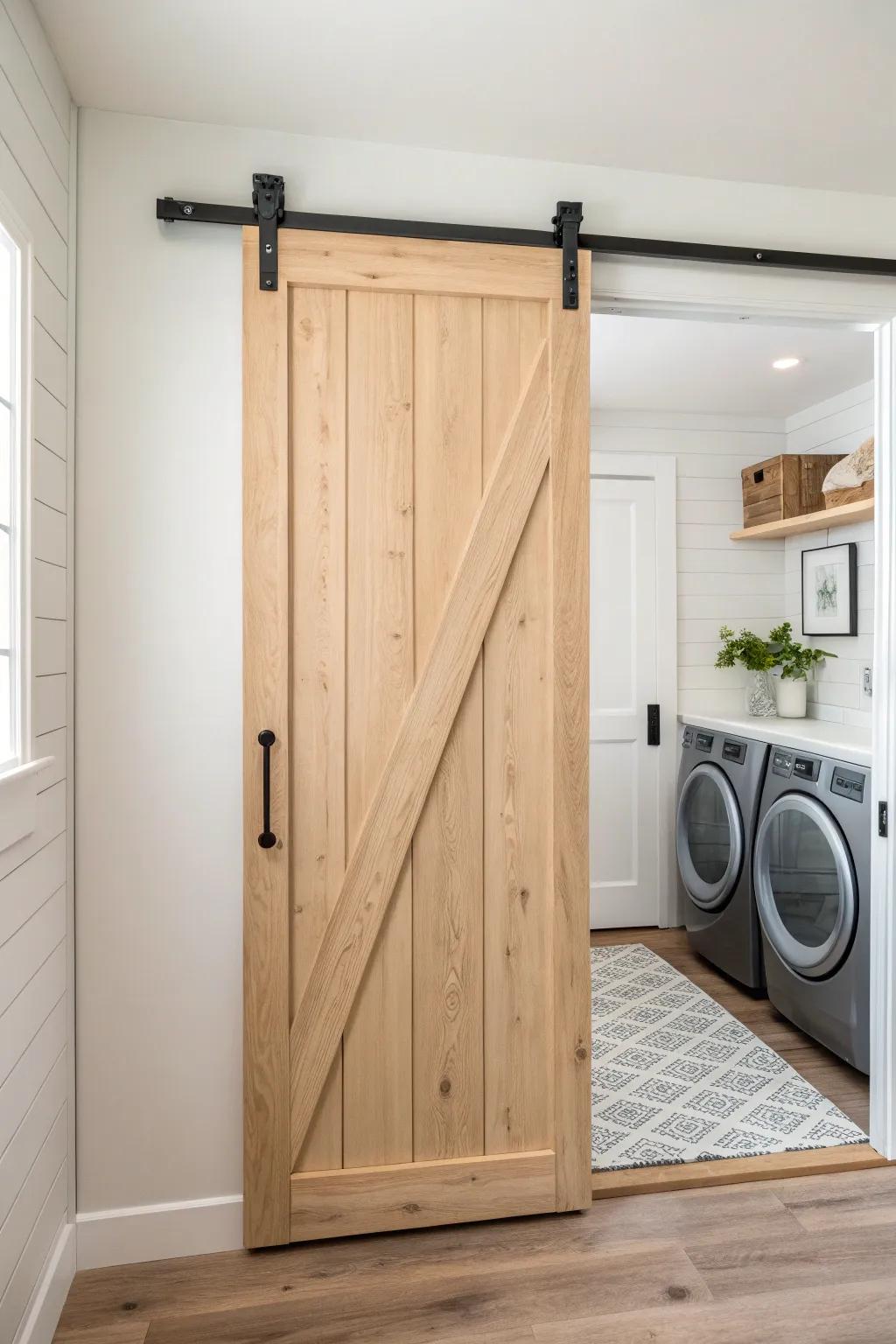 A warm oak barn door instantly softens a laundry nook—minimal, boho, and beautifully practical.