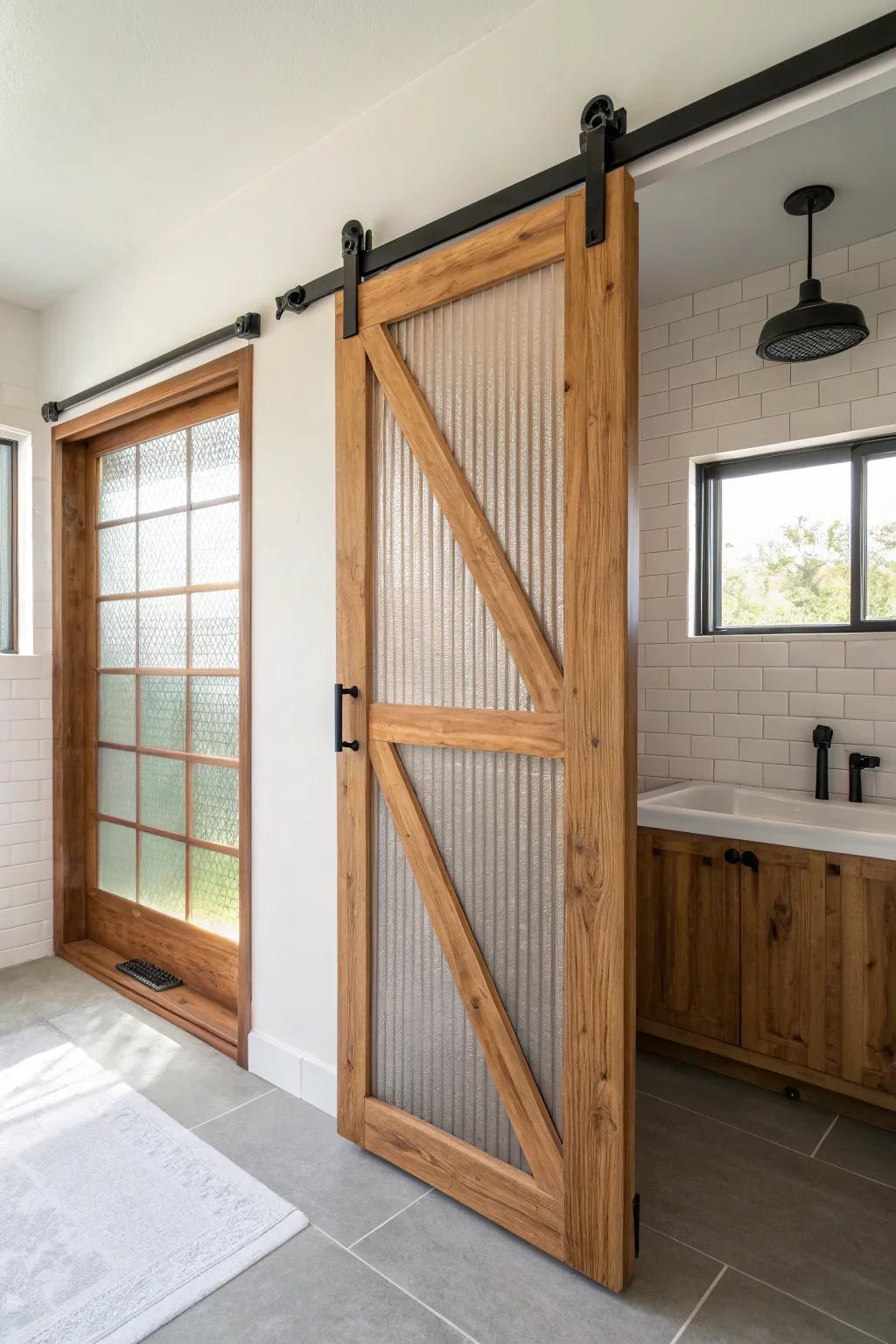 Textured glass meets barn-door rollers—vintage charm with clean, modern Scandinavian calm.