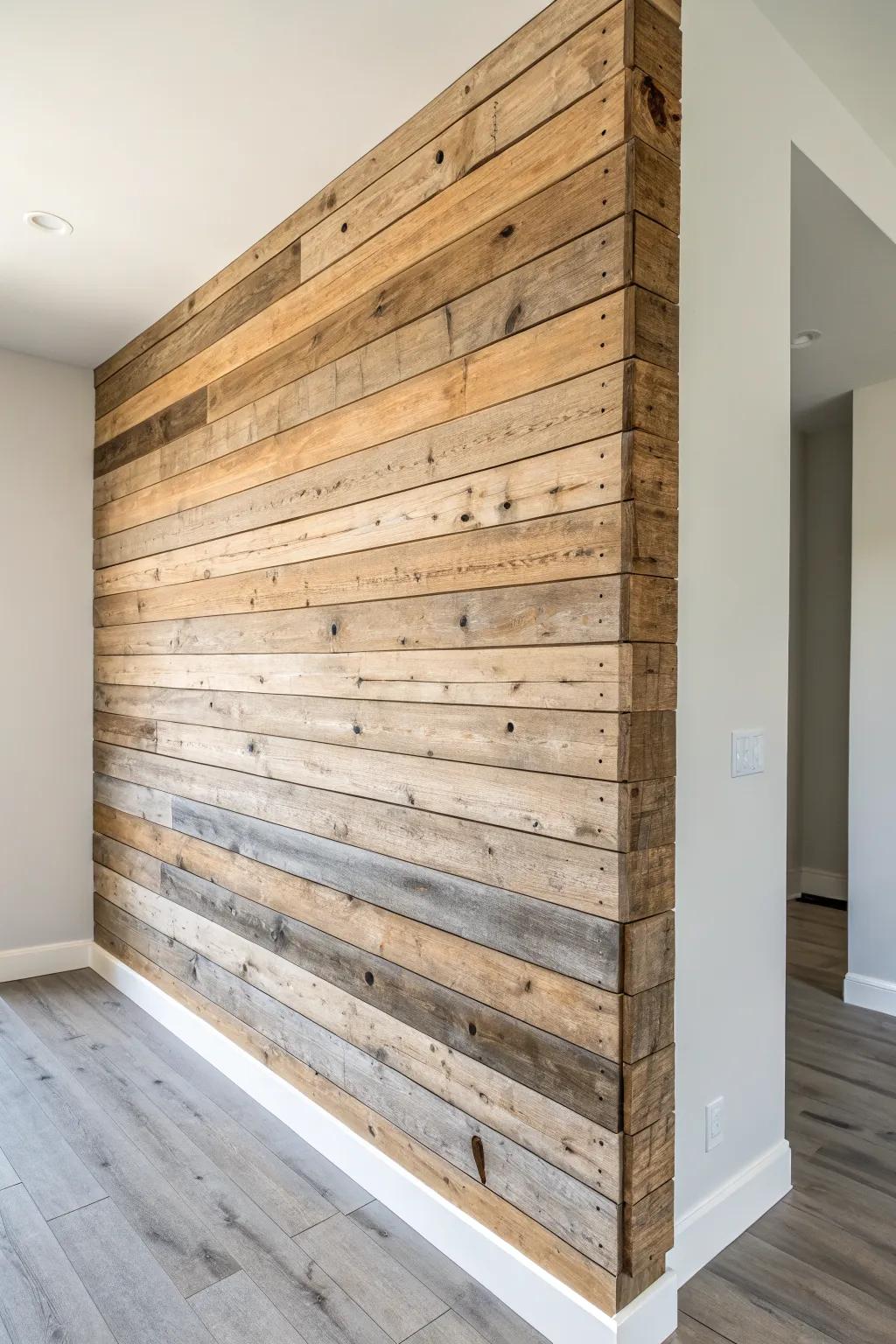 Horizontal barn-wood planks with tiny gaps create crisp shadow lines and a modern crafted look.