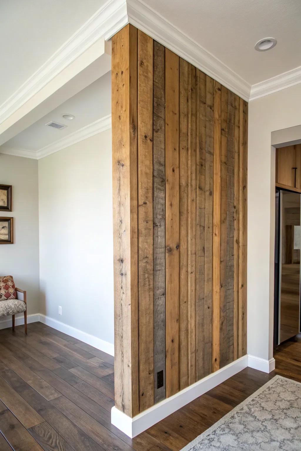 Vertical barn-wood planks that draw the eye up—an instant ceiling-lift with warm, modern contrast.