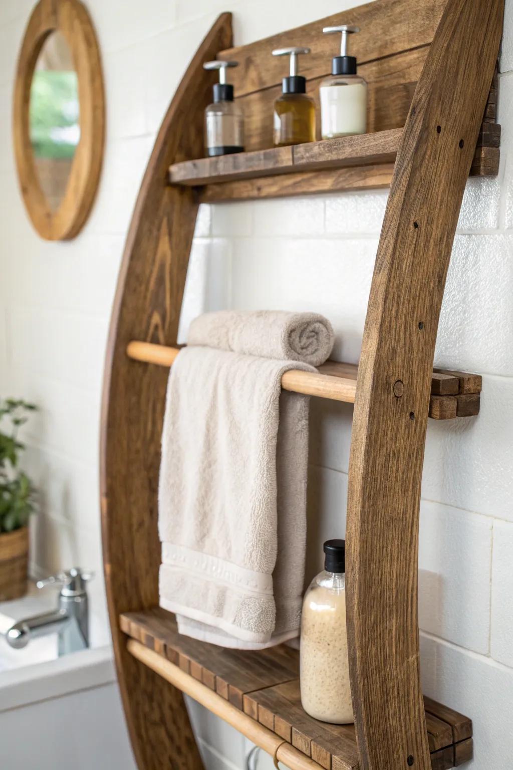 Barrel-stave bathroom shelf with towel bar—minimal, boho warmth and standout grain.