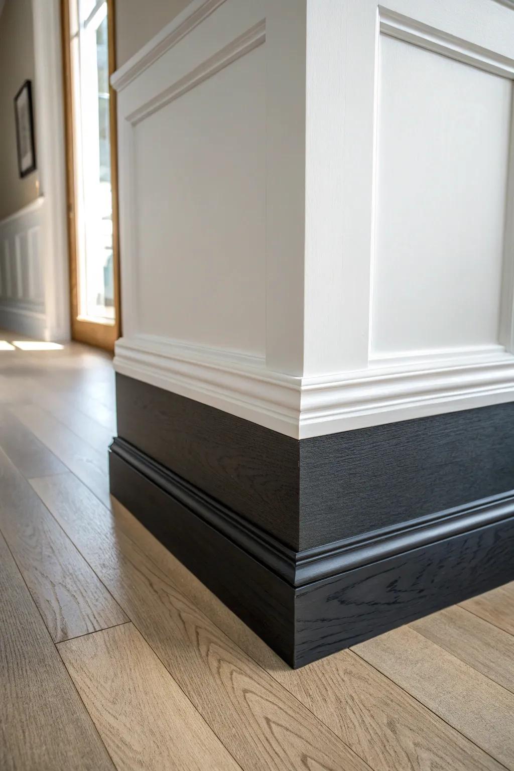 Deep charcoal baseboards against light walls—an instant frame effect with modern drama.