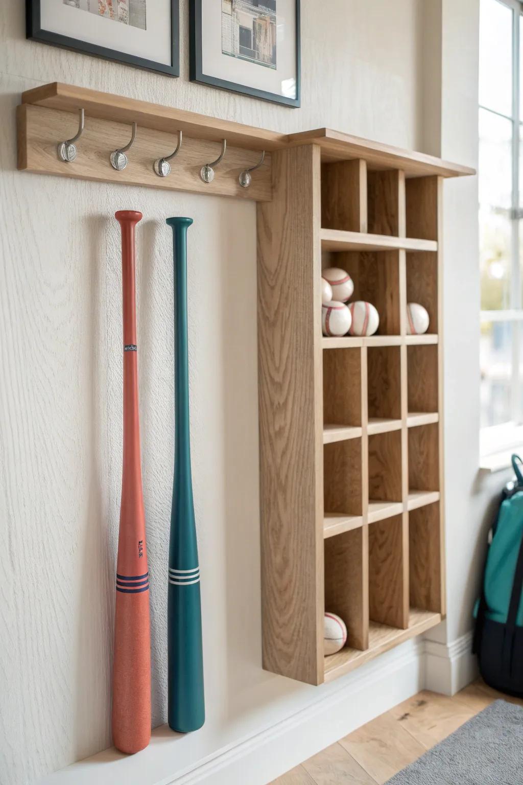 Mudroom bat station: a handcrafted oak rack with cubbies keeps bats tidy and ready to grab.
