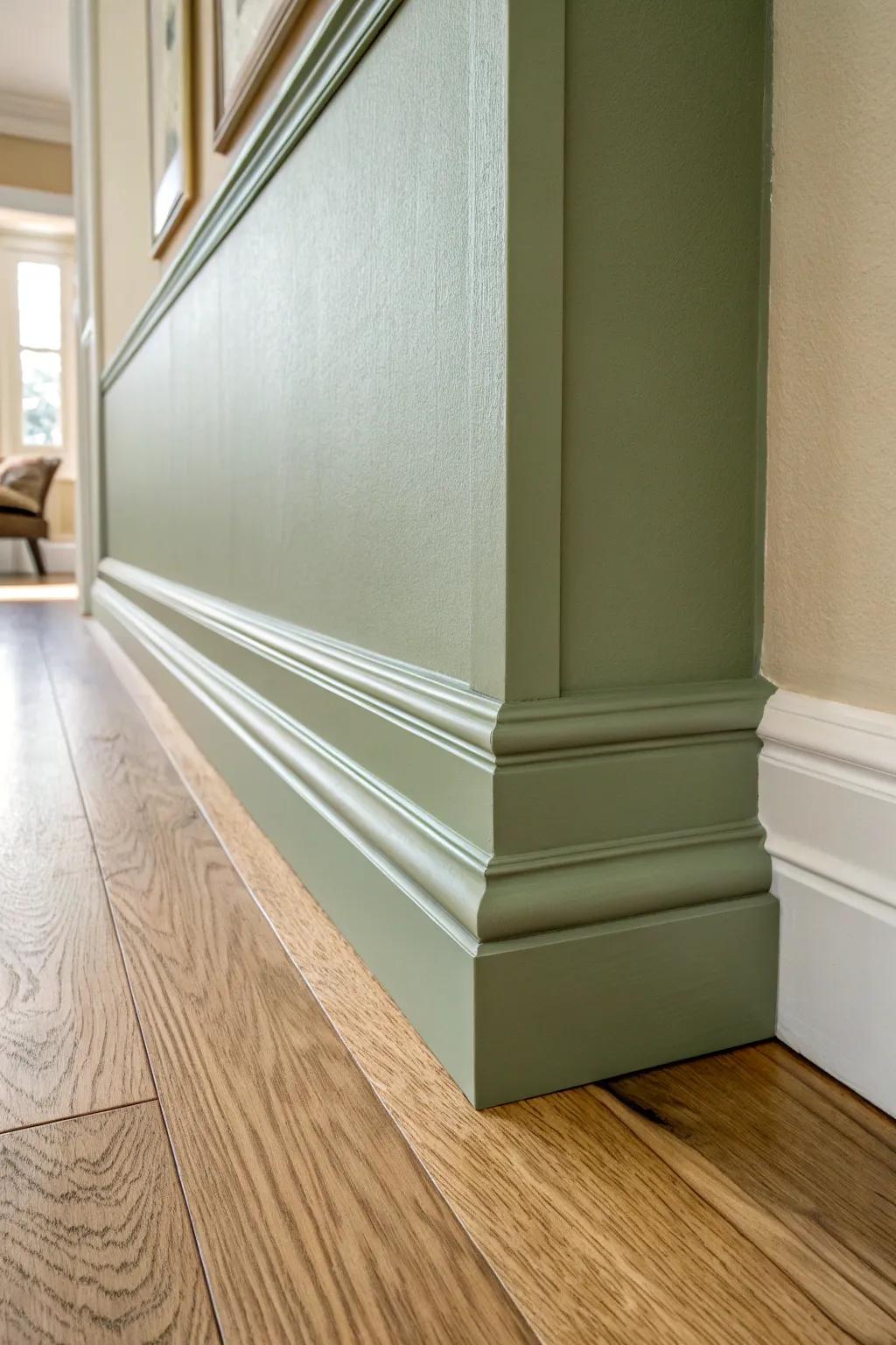 Sage green baseboards + creamy walls: an earthy, modern farmhouse contrast that feels calm.