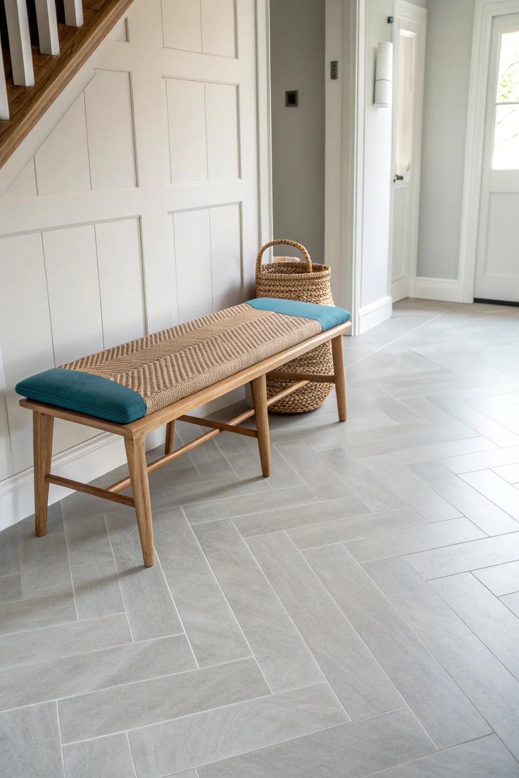 Concrete‑look vinyl tile in a crisp grid, styled with a handcrafted oak bench for warmth.