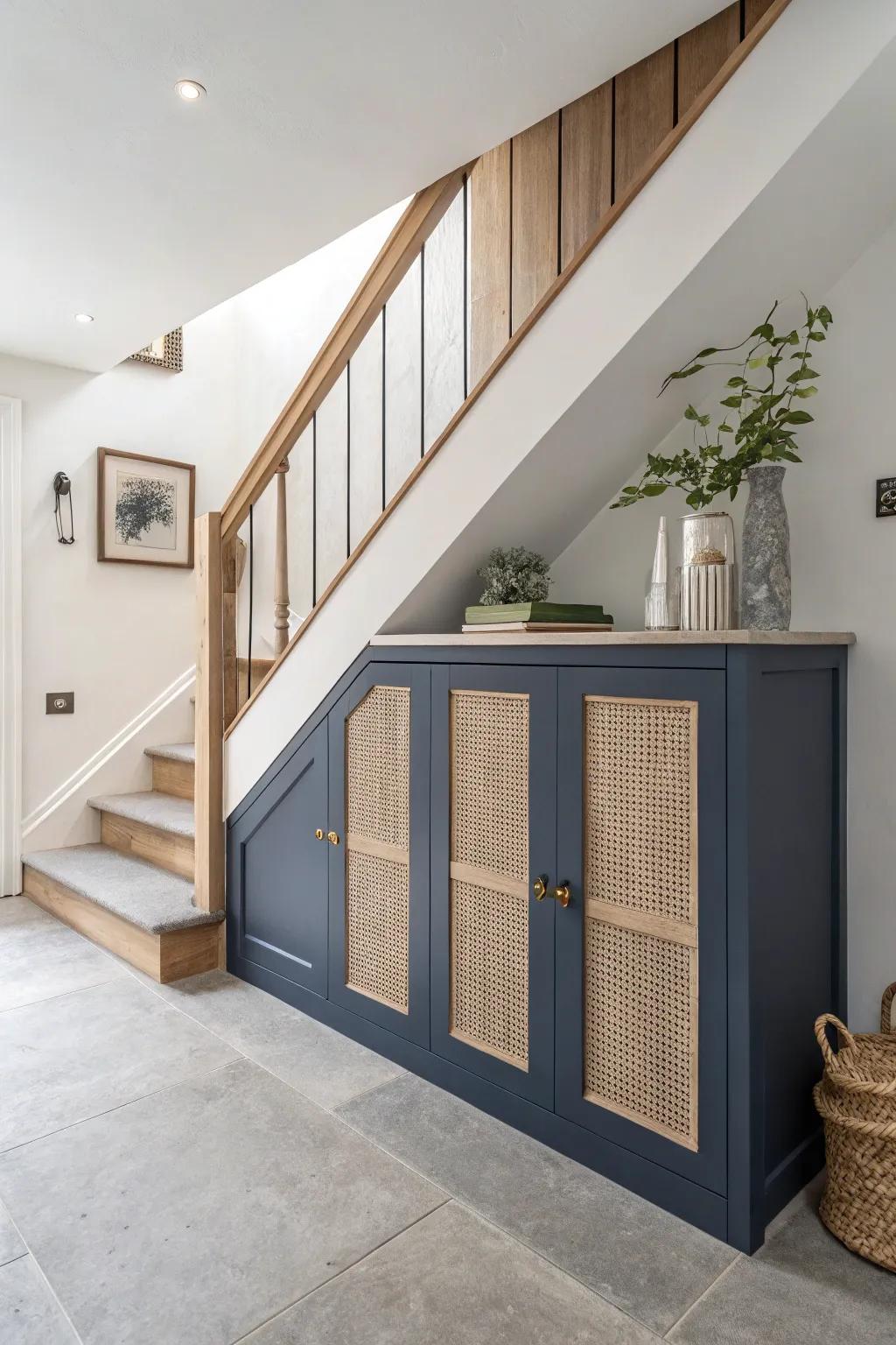 Turn dead under-stair space into sleek oak built-ins—clutter-free and beautifully crafted.