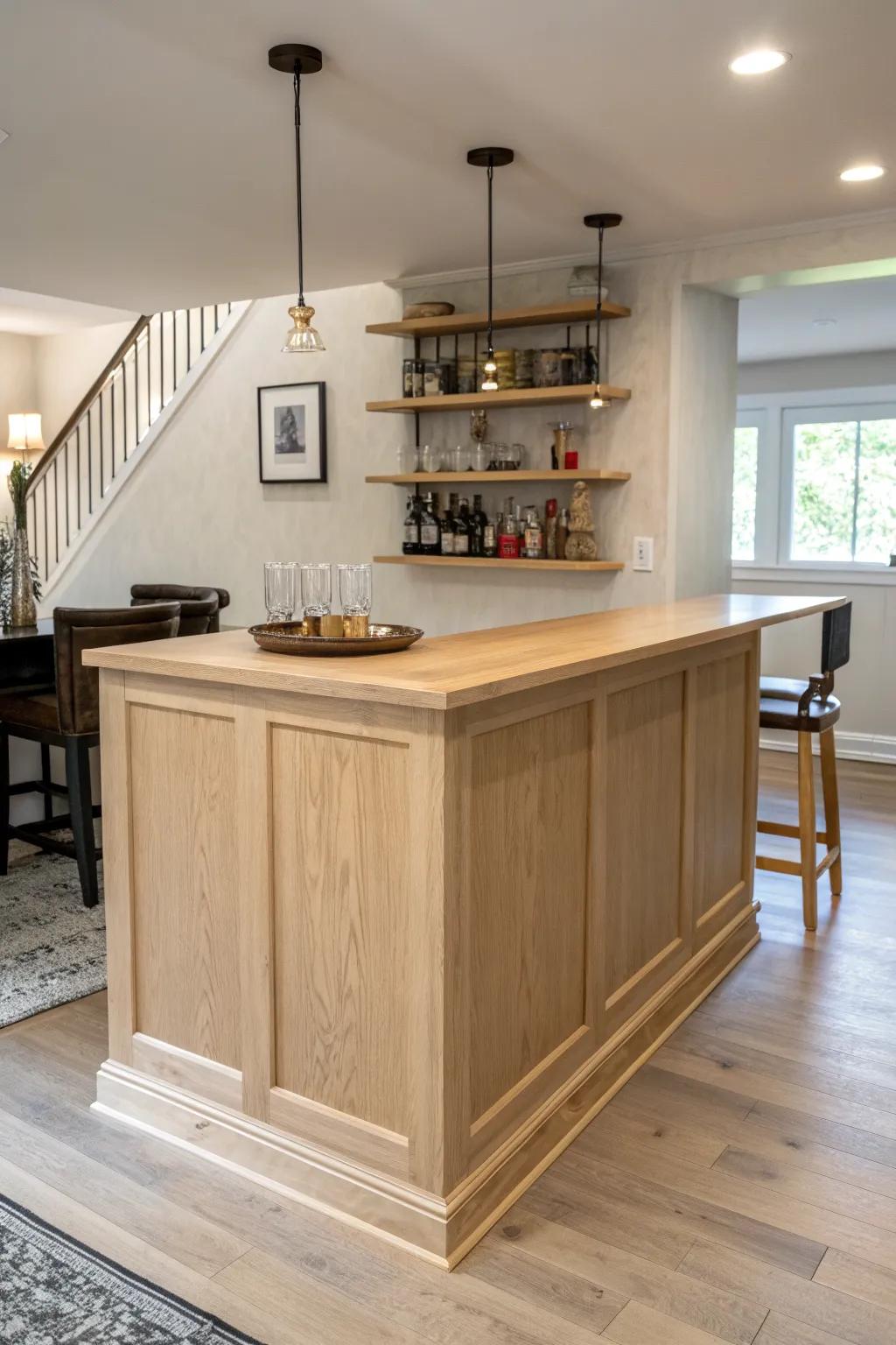 A two-tier island bar: tidy serving ledge above a hardworking prep tier—made for sipping and snacks.