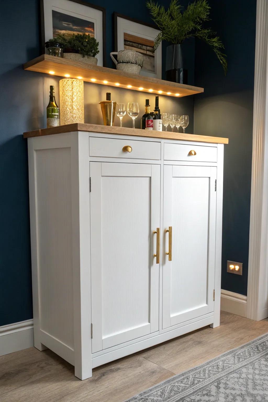 Light shaker bar cabinets reflect every bit of light—clean lines, warm wood, brass glow.