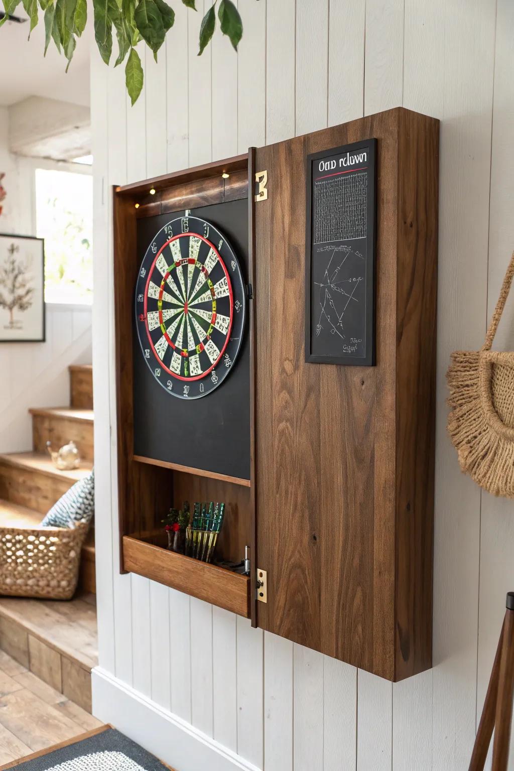 A walnut wood-back dartboard with sleek scoreboard panel—clean, bold, and basement-ready.