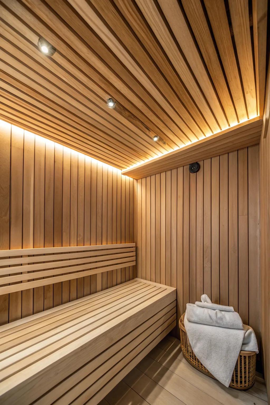 Cedar slatted ceiling details that add warmth, shadow play, and a custom sauna feel.