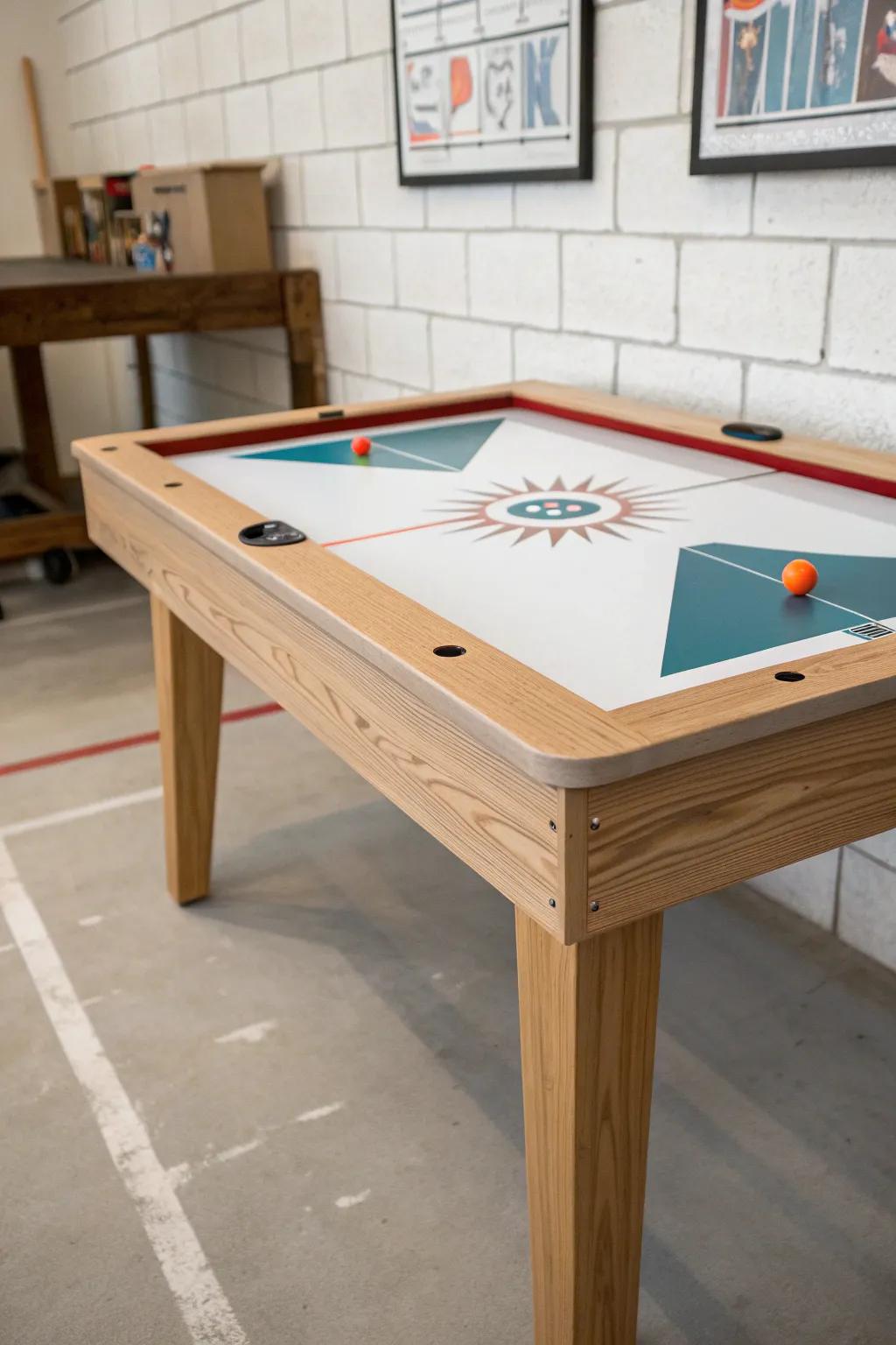 DIY glossy air-hockey table—sealed smooth top, warm wood frame, bold color for basement fun.