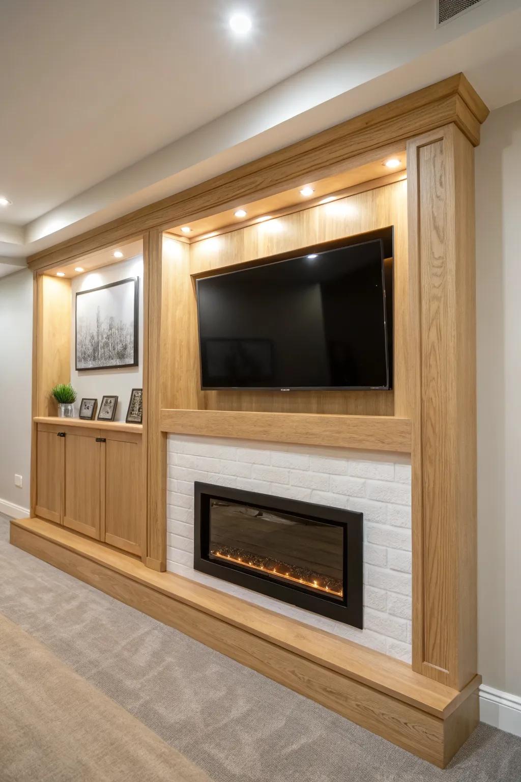 Recessed TV niche with crisp oak trim above a flush fireplace—sleek basement built‑in.