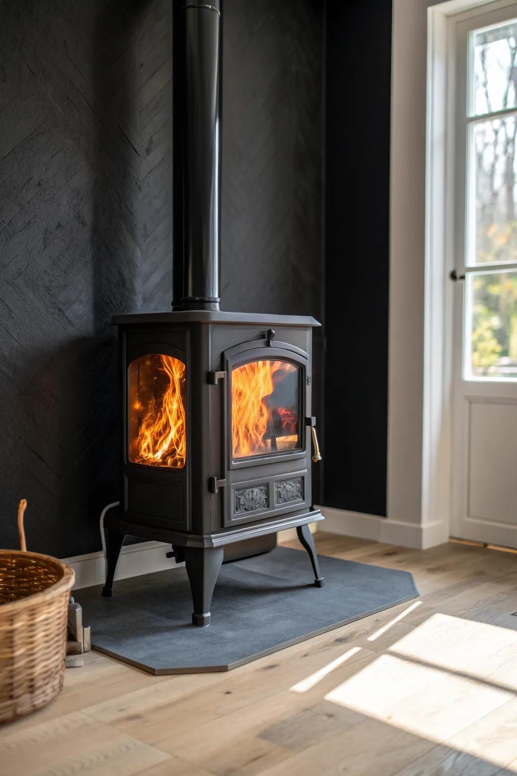 Matte black accent wall makes the wood stove glow—high contrast, cozy, and scuff-proof.