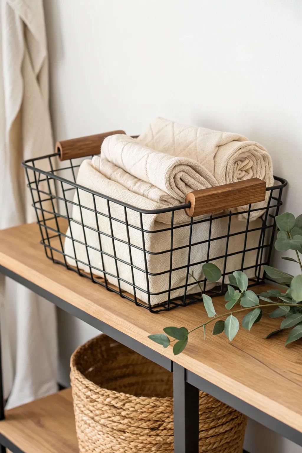Keep shelves airy with a chic wire basket—light, visible storage with warm wood accents.