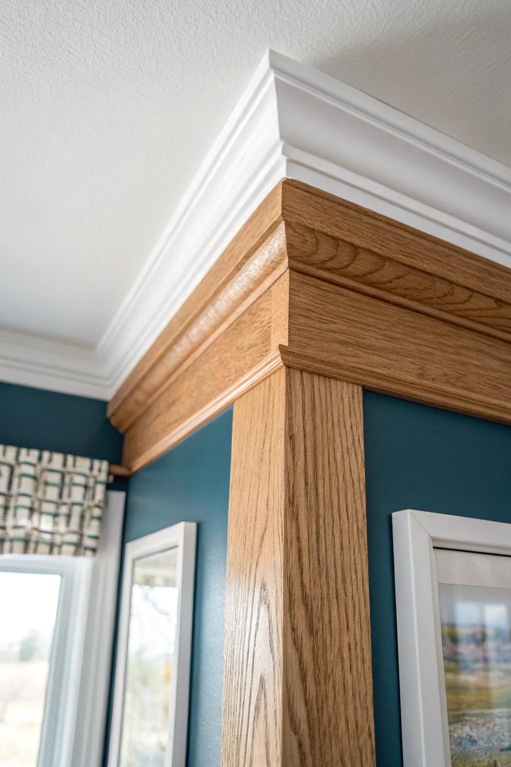 Tall crown molding in warm oak makes a low bathroom ceiling feel higher and more refined.