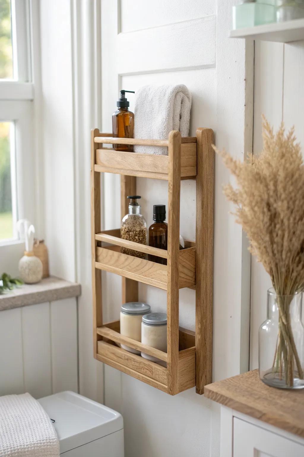 Shallow door-mounted shelves: bonus storage for skincare and jars without blocking the closet.