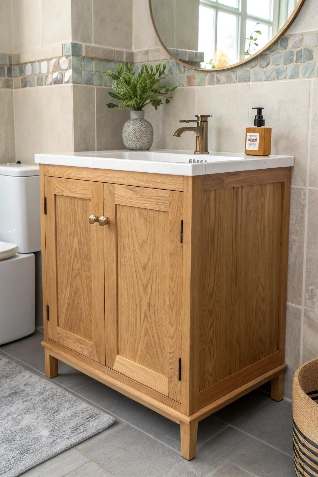 Space-saving corner vanity base in oak—minimal, bold terracotta accent, crafted for tight layouts.