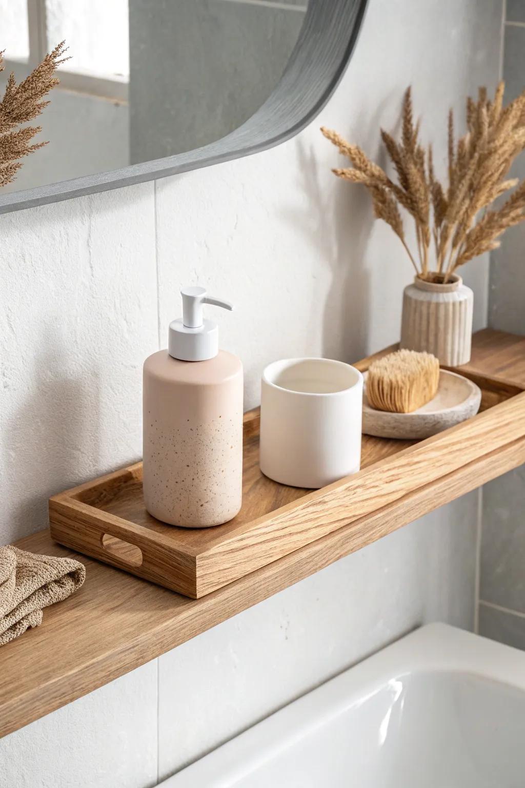 Floating oak shelf with hidden brackets—minimal styling, bold contrast, and warm grain.