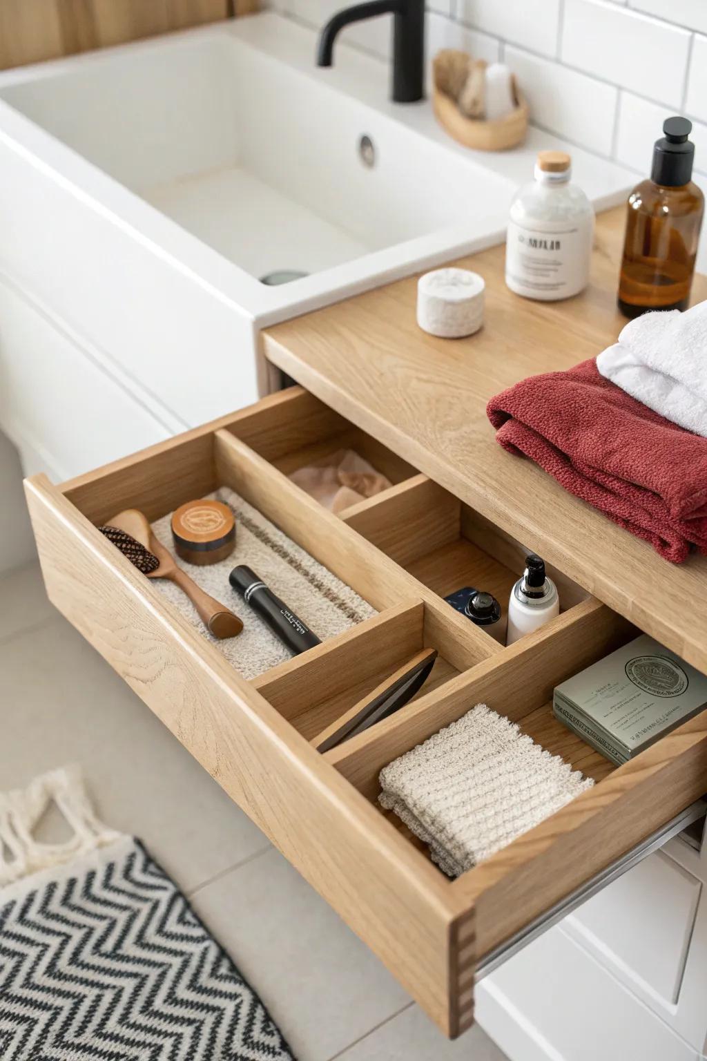 Custom plywood drawer inserts turn a tiny bathroom island drawer into calm, organized order.